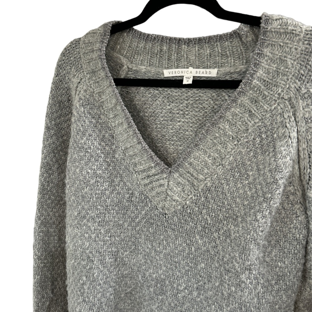 Veronica Beard Gray and Silver Metallic V-Neck Sweater sz M